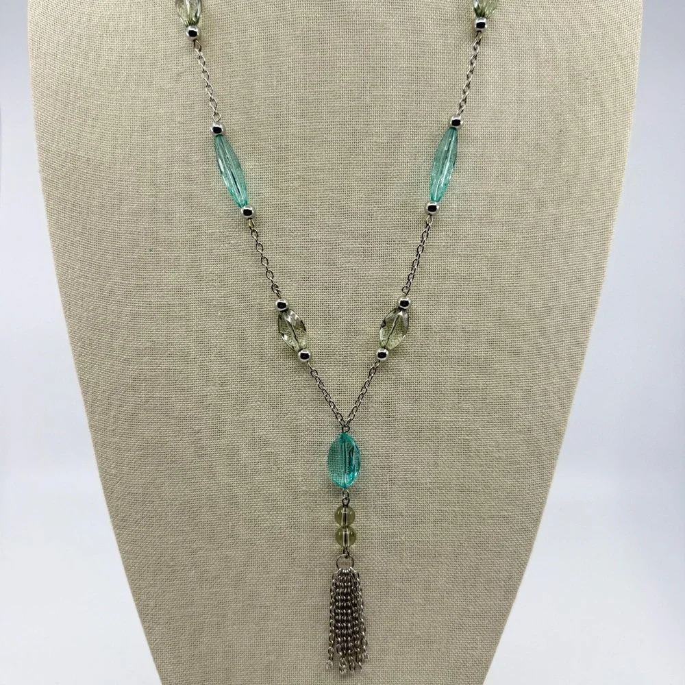 Necklace Turquoise Tone Green Bead Y Drop Silver Tone Chain Tassel Statement